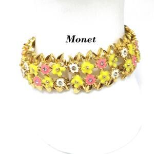1980s Monet Floral Enamel Bracelet Pink Yellow White Rhinestone Vintage Jewelry